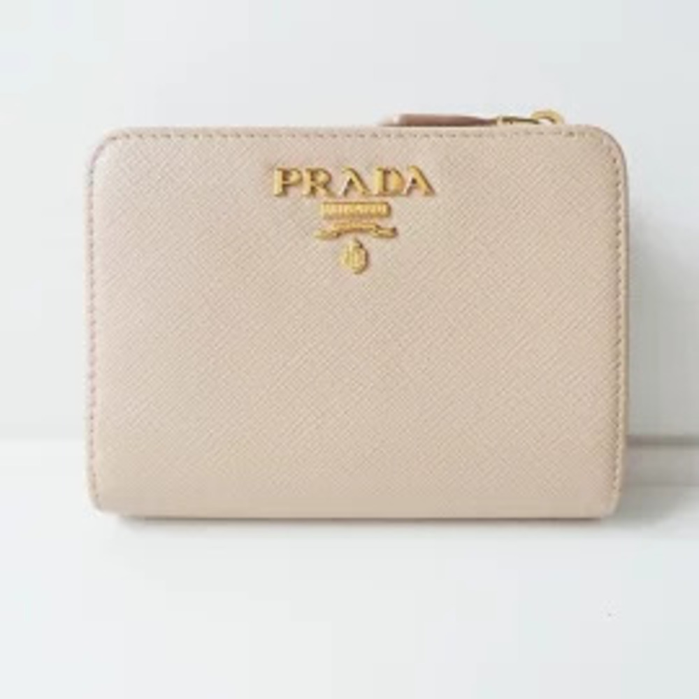 Prada Bi fold Wallet L shaped Zipper Beige Cream Leather
